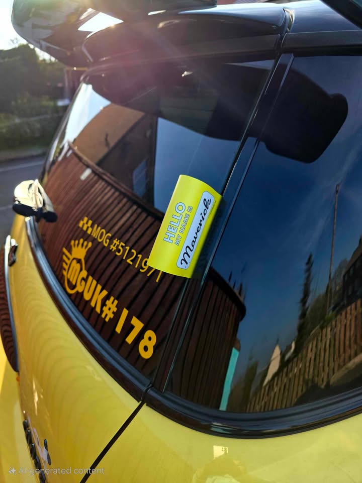 Maverick the MINI wearing a yellow personalised boot tag