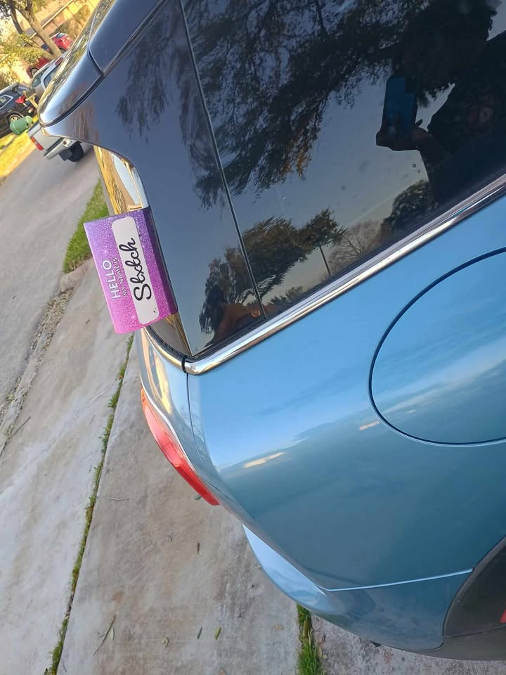 Stxch the MINI wearing a purple personalised boot tag