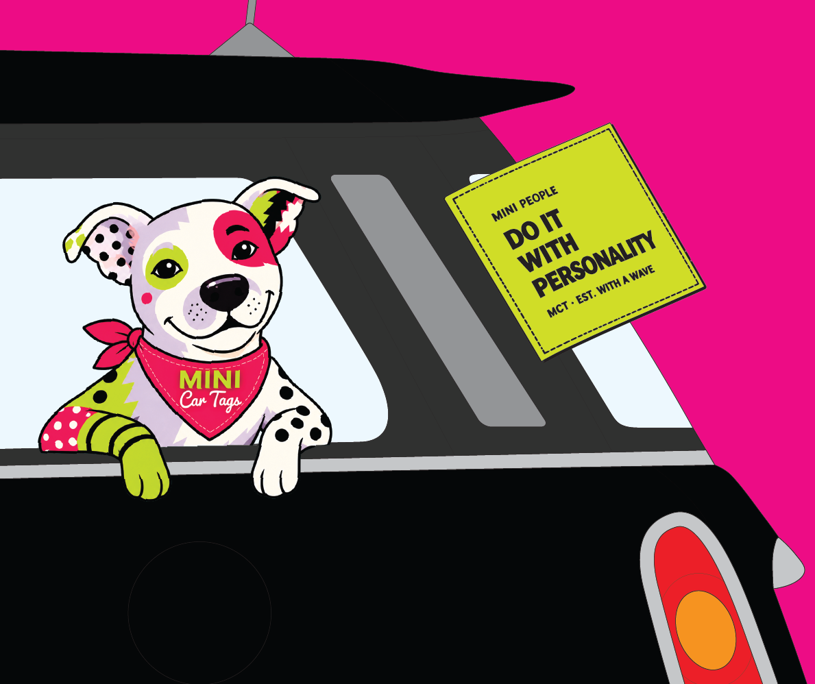 Jelly the MINI Car Tags mascot hanging out of a black MINI with a colourful car tag