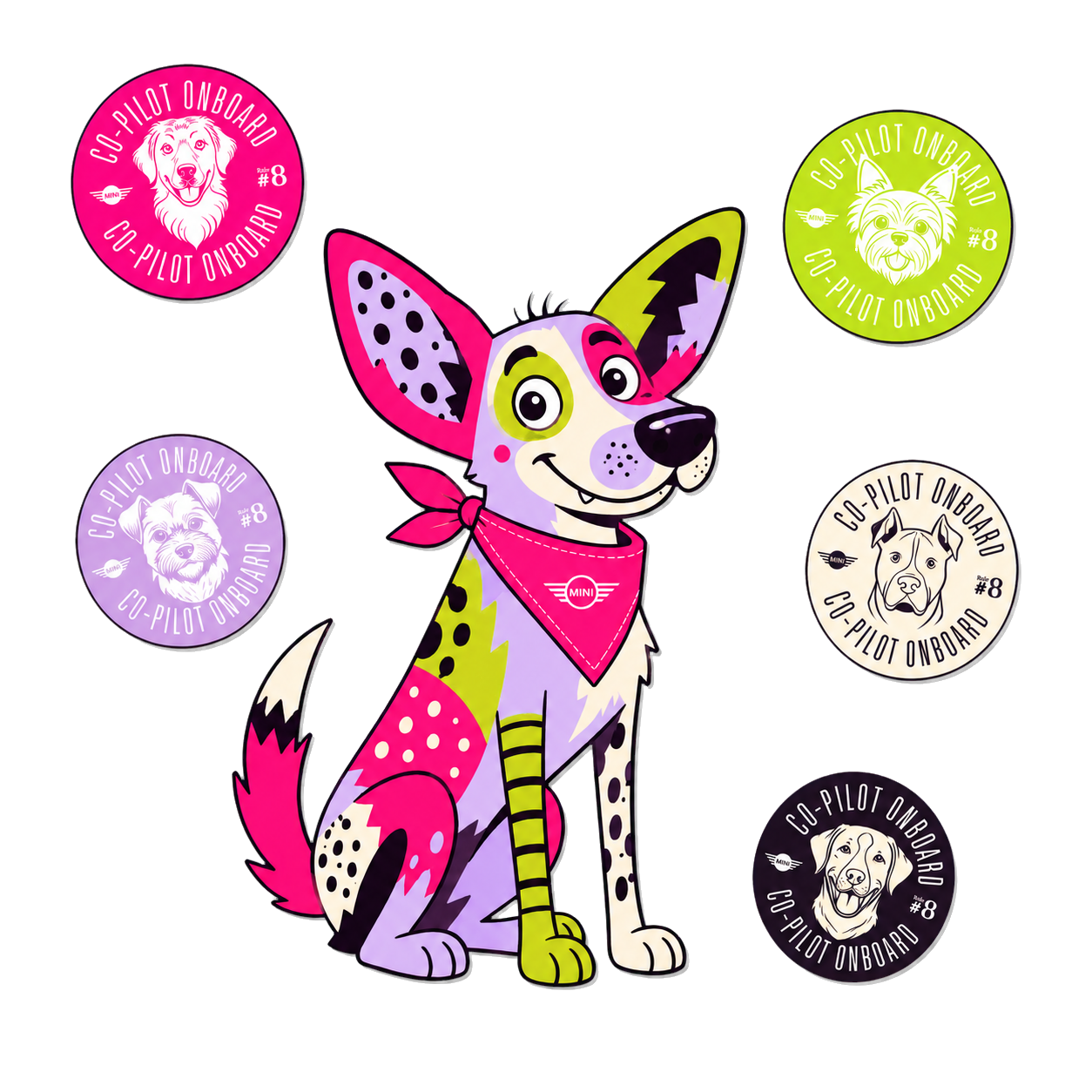 Colourful co-pilot mascot surrounded by MINI stickers