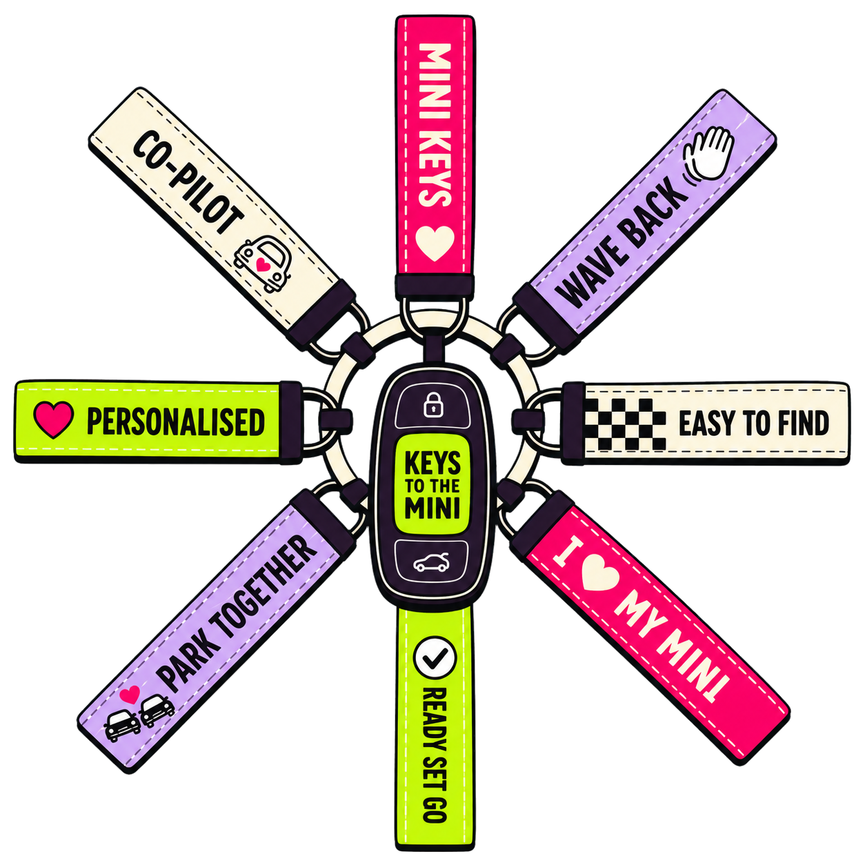 Colourful personalised MINI key straps