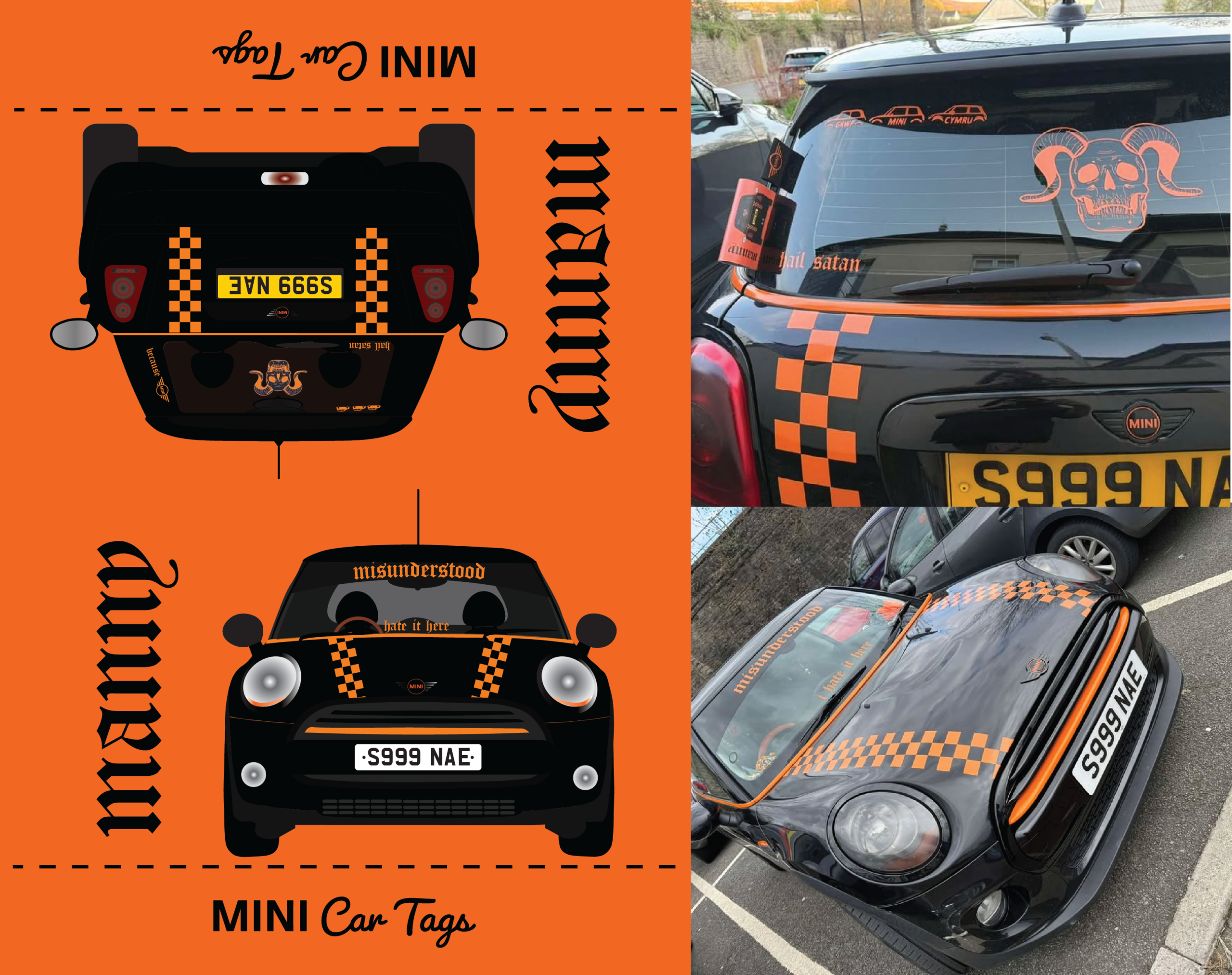 Black MINI with orange checker details: real photos beside matching illustrated front and rear tag designs