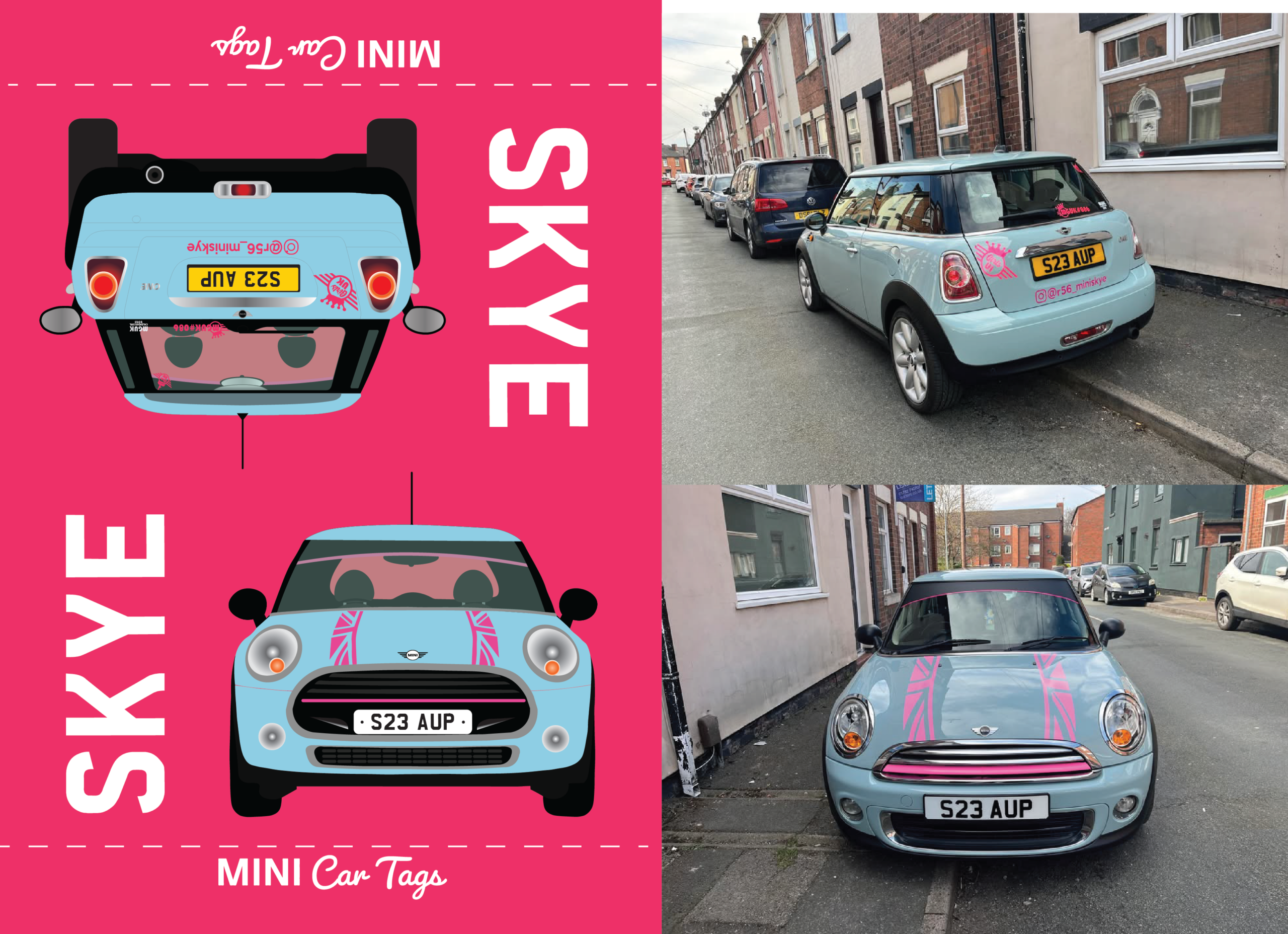 Skye's pale blue MINI: photos of the real car beside matching illustrated front and rear tag designs