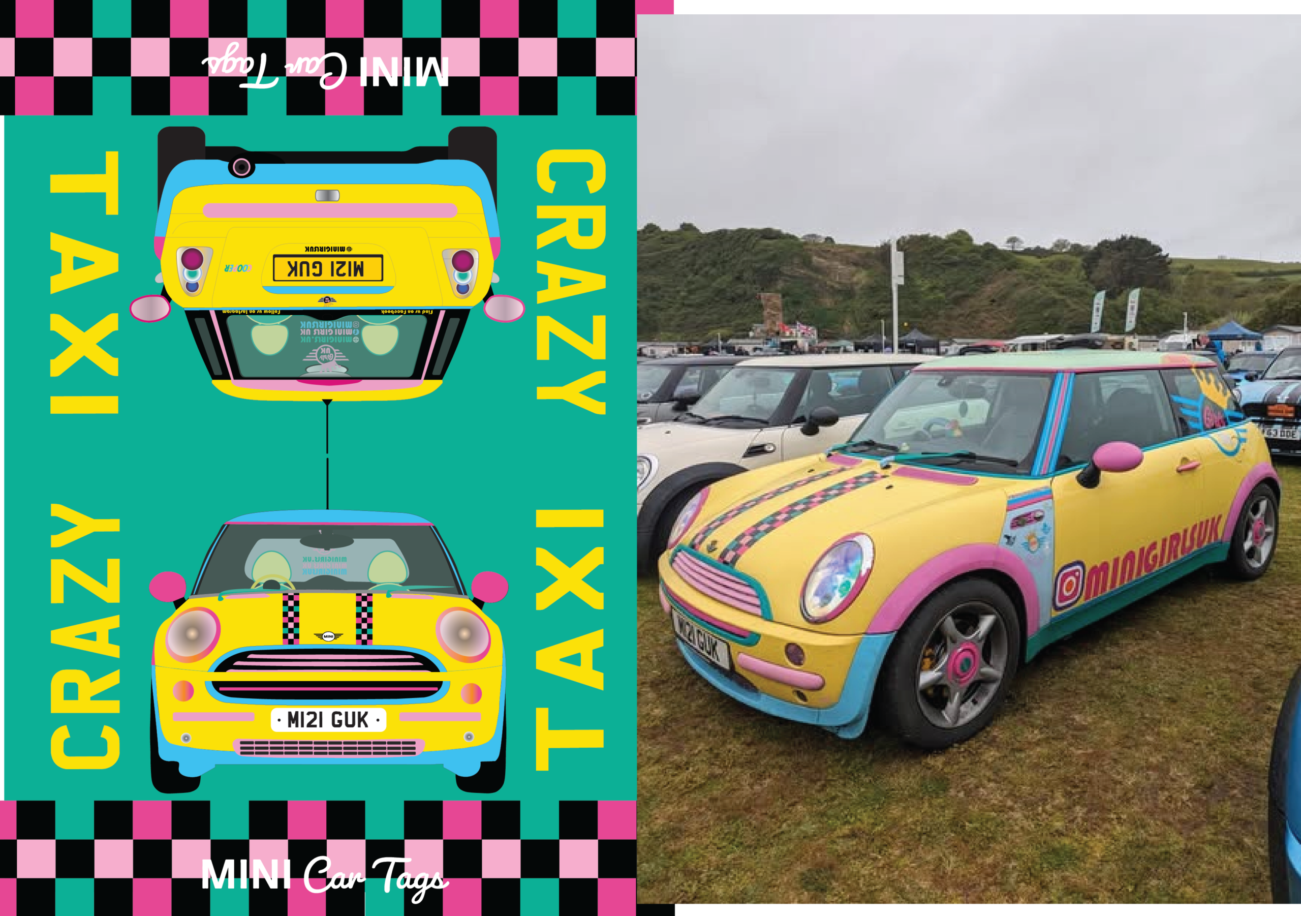Crazy Taxi MINI: colourful car photo beside matching illustrated front and rear tag designs