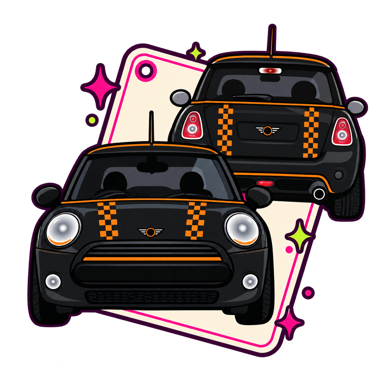 Illustrated front and rear views of a black MINI with orange checker detailing, shown on a tag